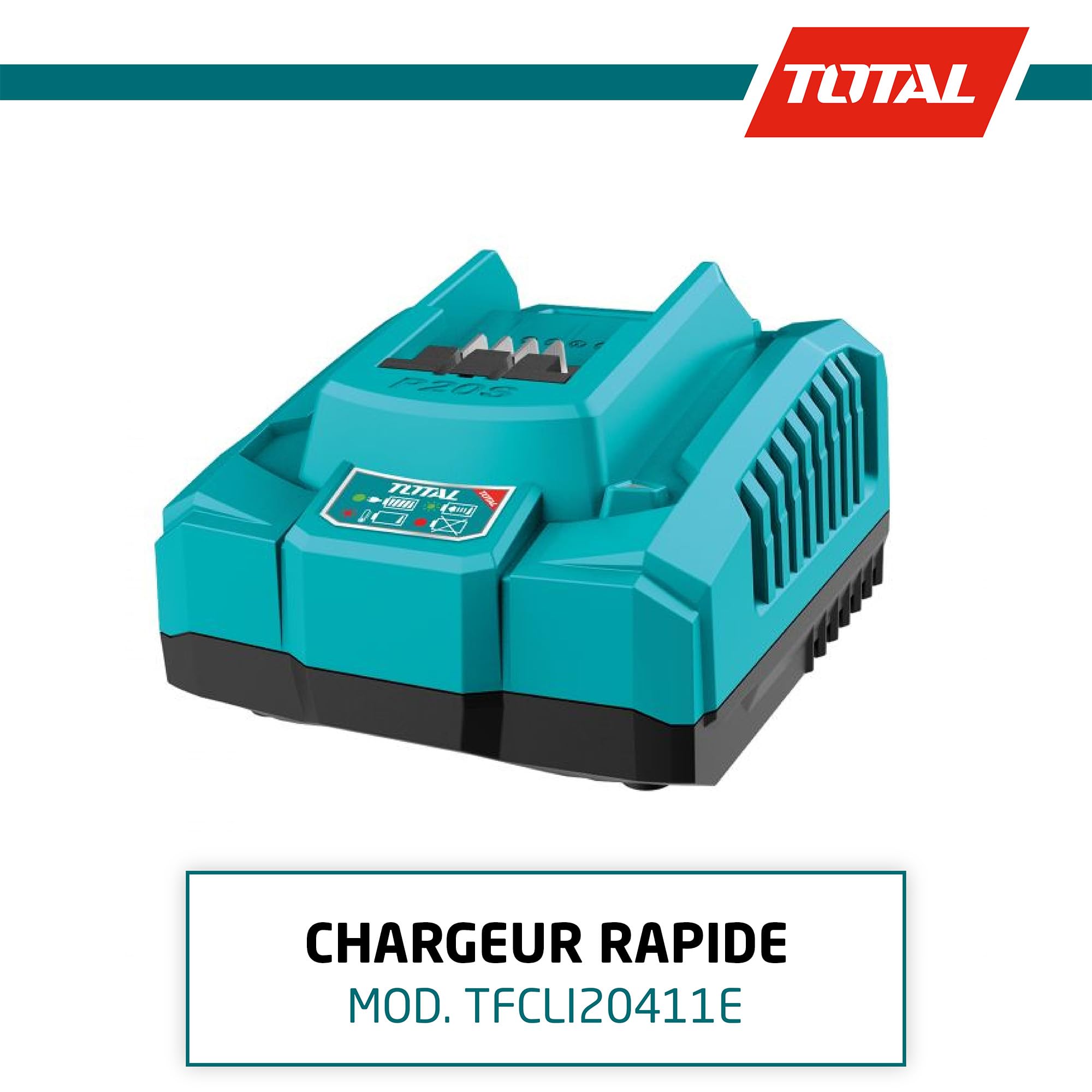 Total Tools - Chargeur Rapide pour Batterie 20 V, Chargeur pour Outils Électroportatifs, Vitesse de Recharge : Batteries 2 Ah en 1/2 h, Compatible avec Outils Électriques P20S