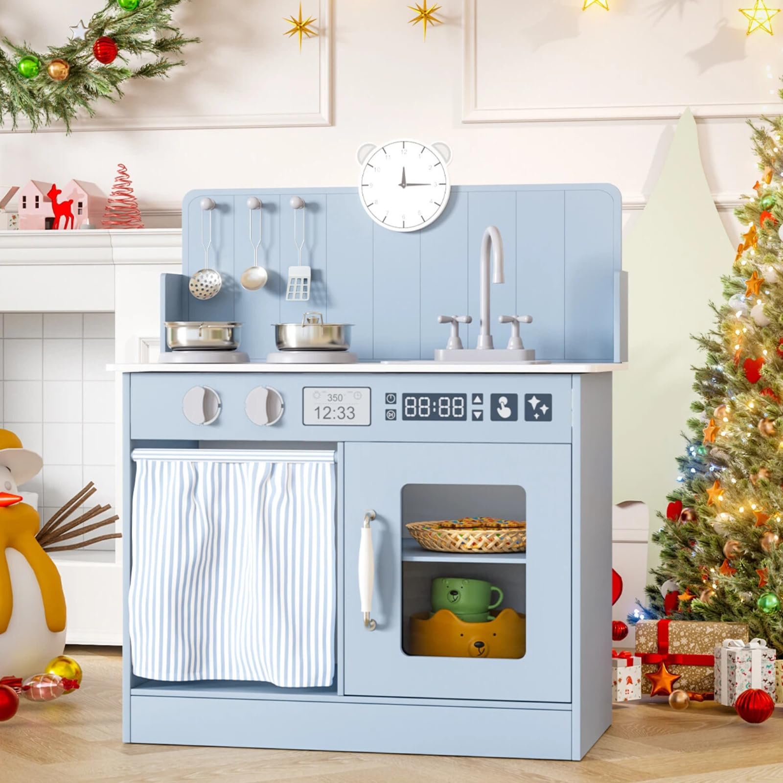 MAMIZO Wooden Play Kitchen for Kids, Toy Kitchen with Ample Storage, Interactive Kids Kitchen with 5 Pcs Cookware, Simulated Gas Cooker, Clicking Knobs, Faucet, Educational Clock for Ages 3+ (Blue)