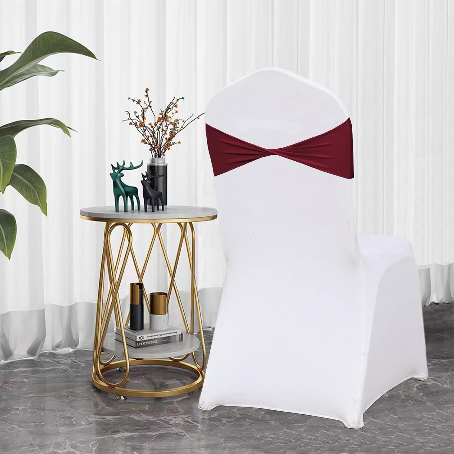 Spandex Burgundy Chair Sashes 50 Pcs Burgundy Sashes Bows Elastic Chair Cover Bands Ties Without Buckle for Wedding Party Events Ceremony Birthday