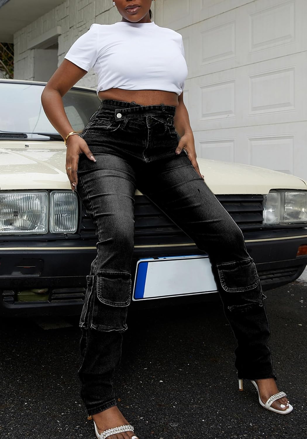 Vaceky Women's Stretch Jeans with Removable Cross Strap Cutout Waist Distressed Cargo Pants - Image 2