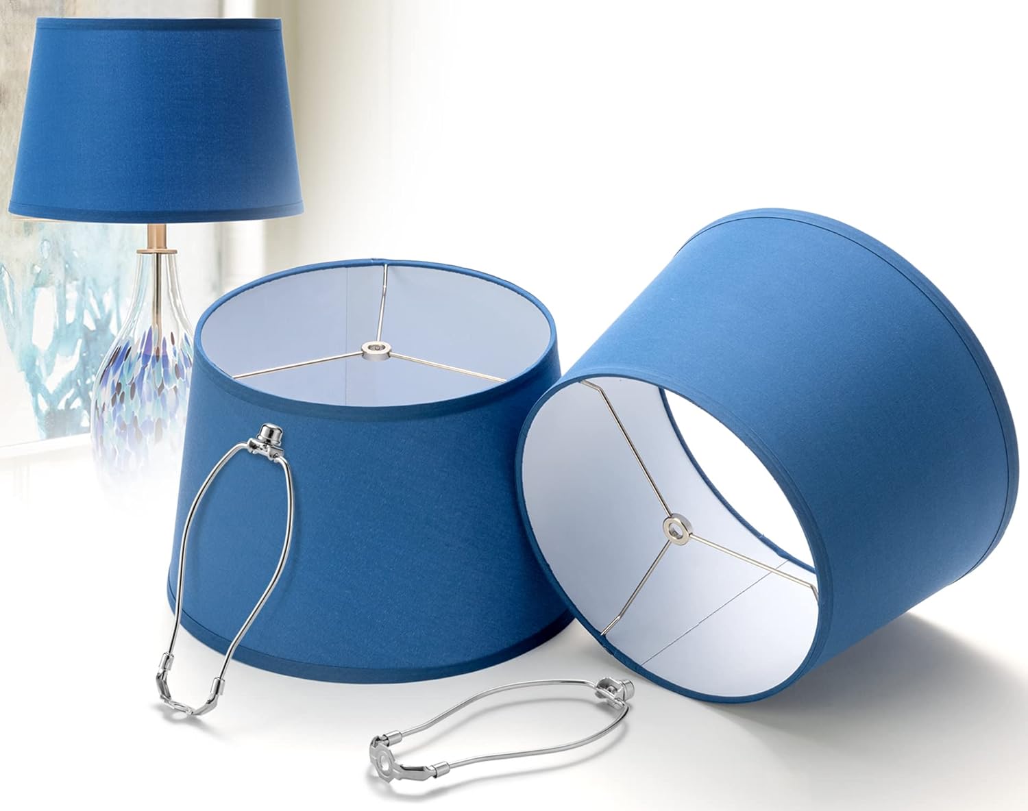 Navy Blue Lamp Shades Set of 2, Medium Drum Lamp Shade with 2 Pack Lamp