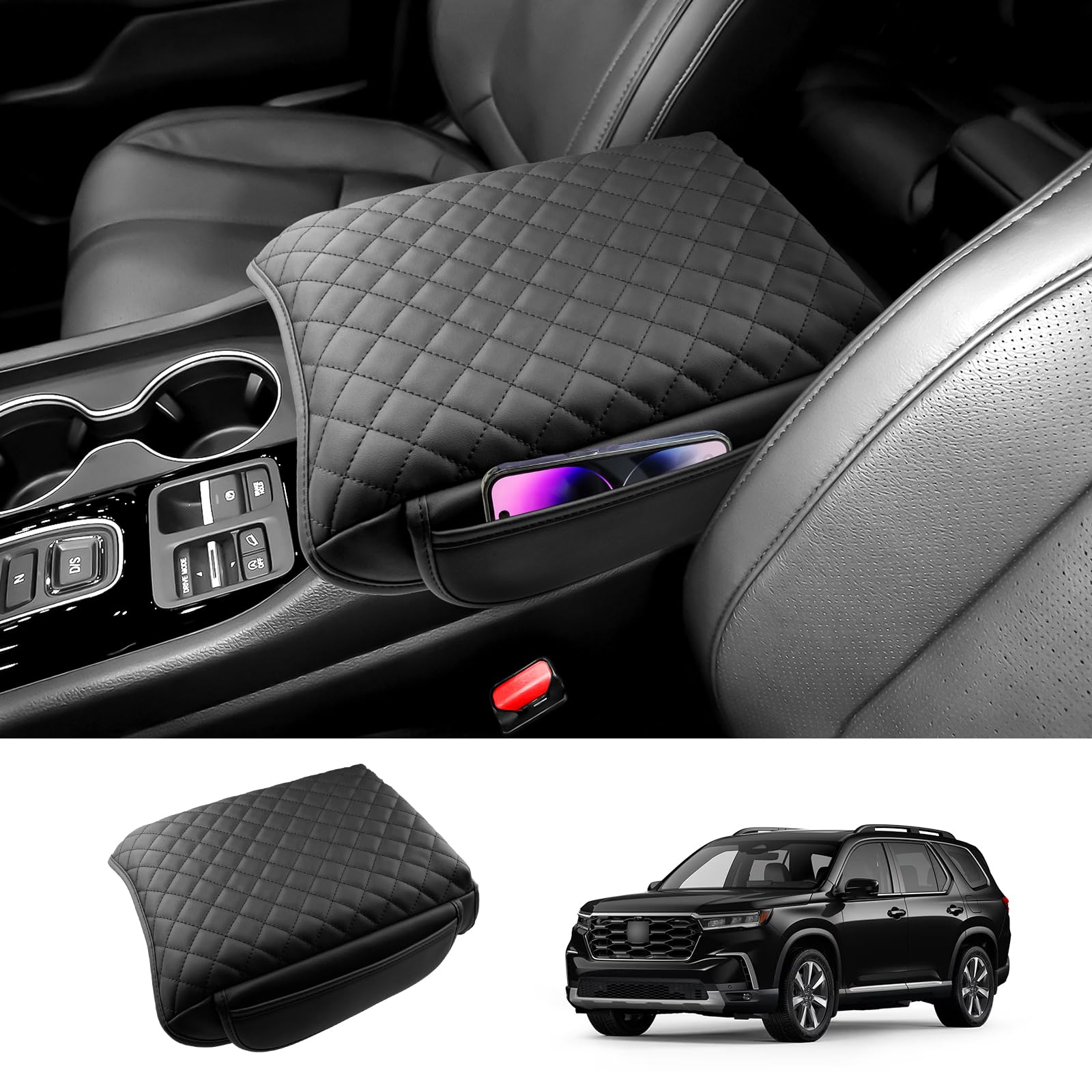 Coleya 2023-2025 2026 Pilot Center Console Cover for Honda Pilot (LX/Sport/EX-L/TrailSport/Touring/Elite/Black Edition), with Side Pockets, Leather