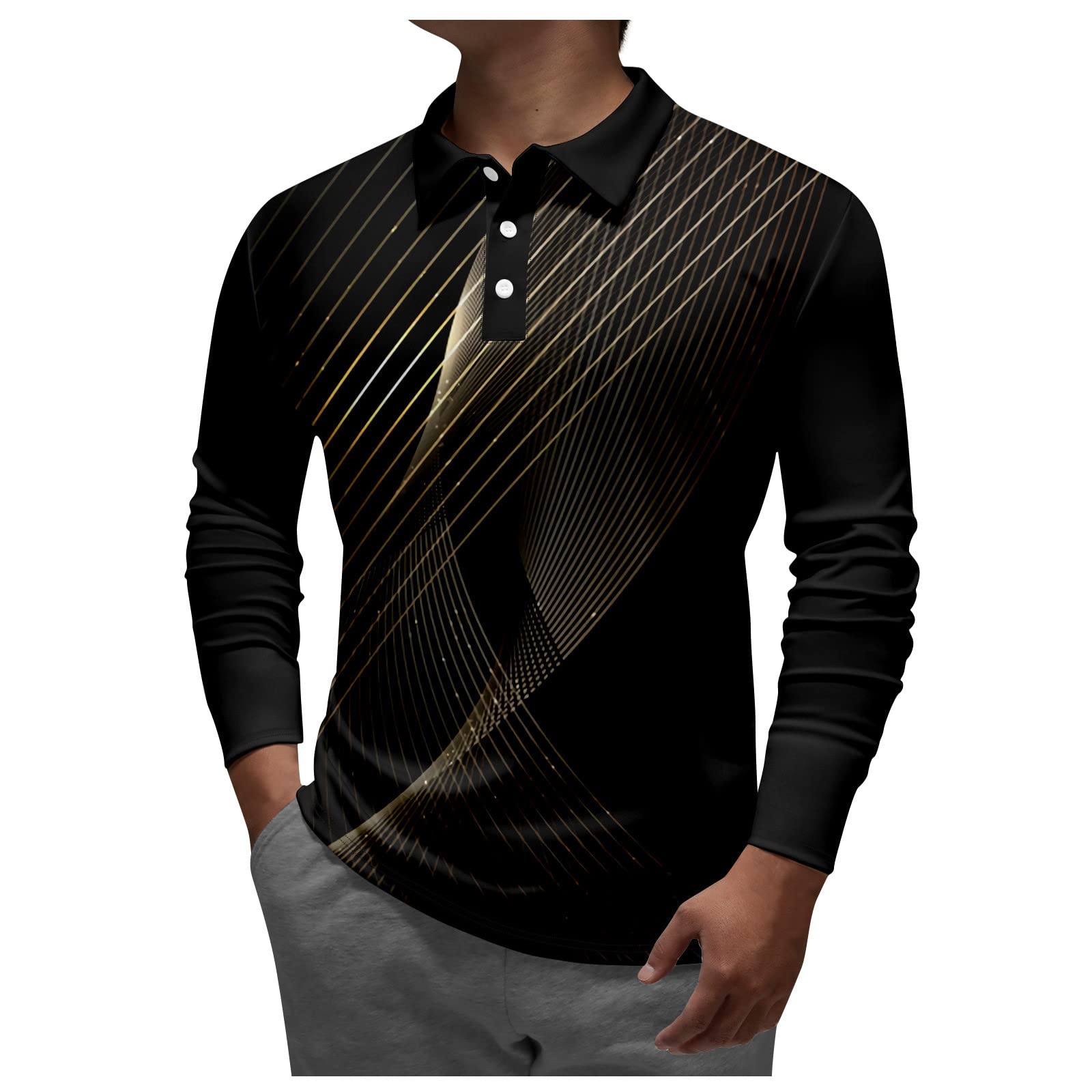 Men's Fashion Lapel T Shirt Casual Button Down Long Sleeve Blouses Slim Fit Printing Sports Pullover Tops