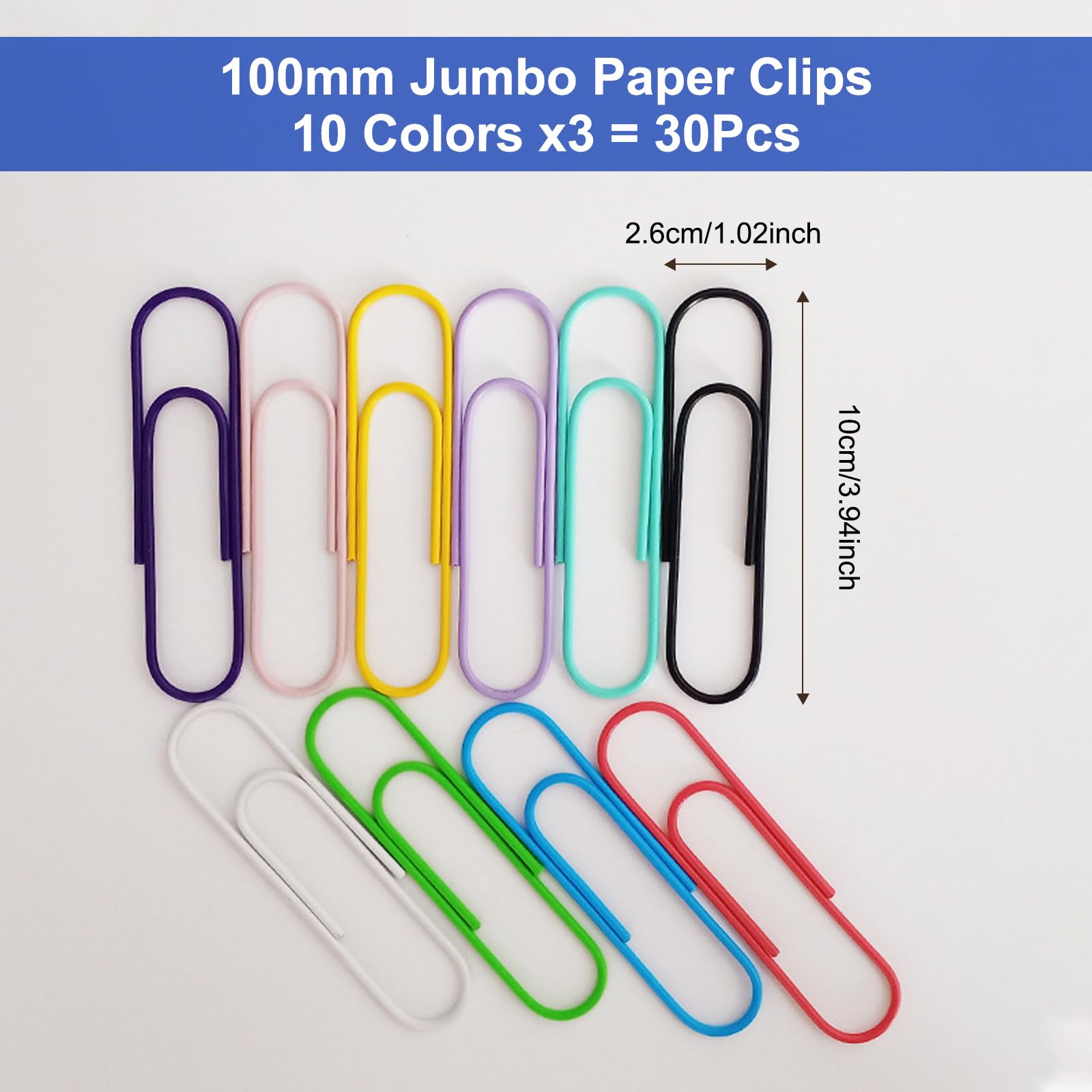 Colourful Paper Clips, Large, Pack of 30 Bright Vinyl Coated Jumbo Paper Clips for Papers School, Office Supplies, 10 cm - Image 2
