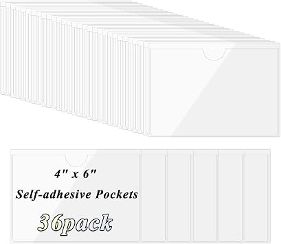 Antner 36 Pack Self-Adhesive Index Card Pockets for 4" x 6" Card, Top Open for Loading Clear Plastic Tote Bag Labels Holders for Organizing, Storage Bins, Library, Photos, Shelves 4.5 x 6.3 Inch