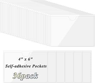 Antner 36 Pack Self-Adhesive Index Card Pockets for 4" x 6" Card, Top Open for Loading Clear Plastic Tote Bag Labels Holders for Organizing, Storage Bins, Library, Photos, Shelves (4.5 x 6.3 Inch)