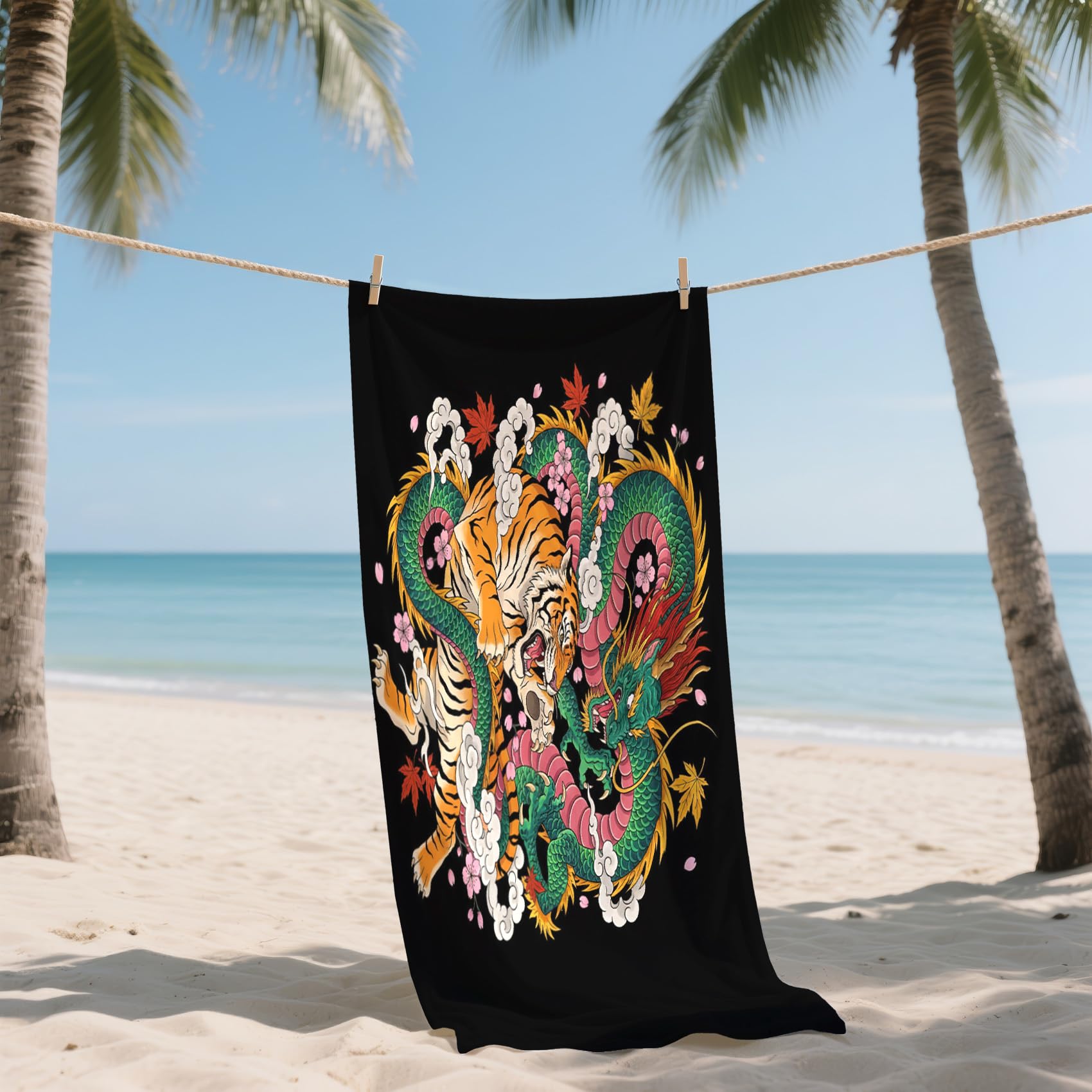 Serviette de Plage XXL Microfibre Dragon Chinois Tigre, Drap de Plage Séchage Rapide Anti Sable & Légère, Serviette de Bain Grande Taille 200x200 cm, Accessoire & Cadeau été