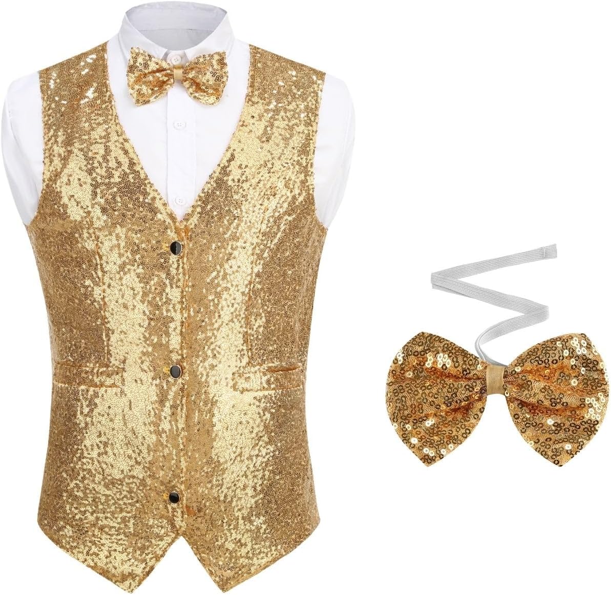 Sequin Suit Tuxedo Vest Men with Bows Ties, Formal Daily Disco Party
