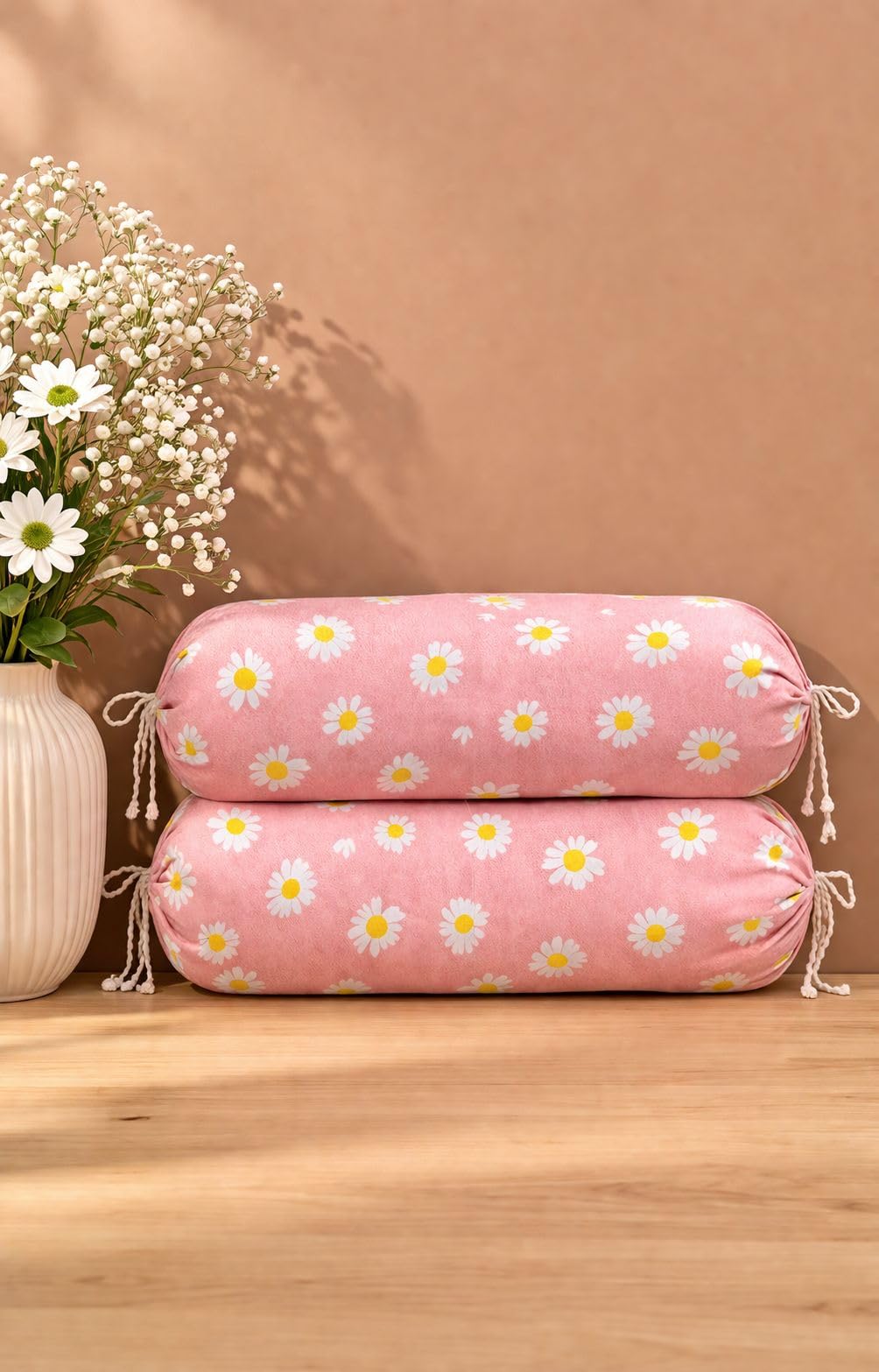 Bolster Covers | Glace Cotton Bolster Cover Set | Diwan Round Bolster Pillow Covers | Small Pink Flower Design Roll Masand Cover | 16x32 Inch for Home & Bedroom (Pack of 2)-image-9