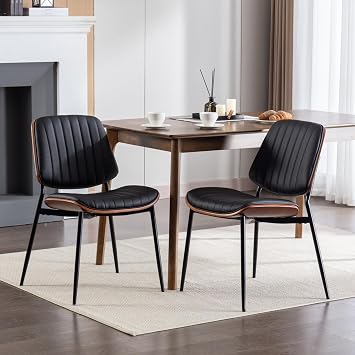 Mid-Century Modern Dining Chairs Set of 2, Retro Leather Upholstered Chairs with Walnut Bentwood Back, Metal Legs and Adjustable Feet for Kitchen & Dining Room Black