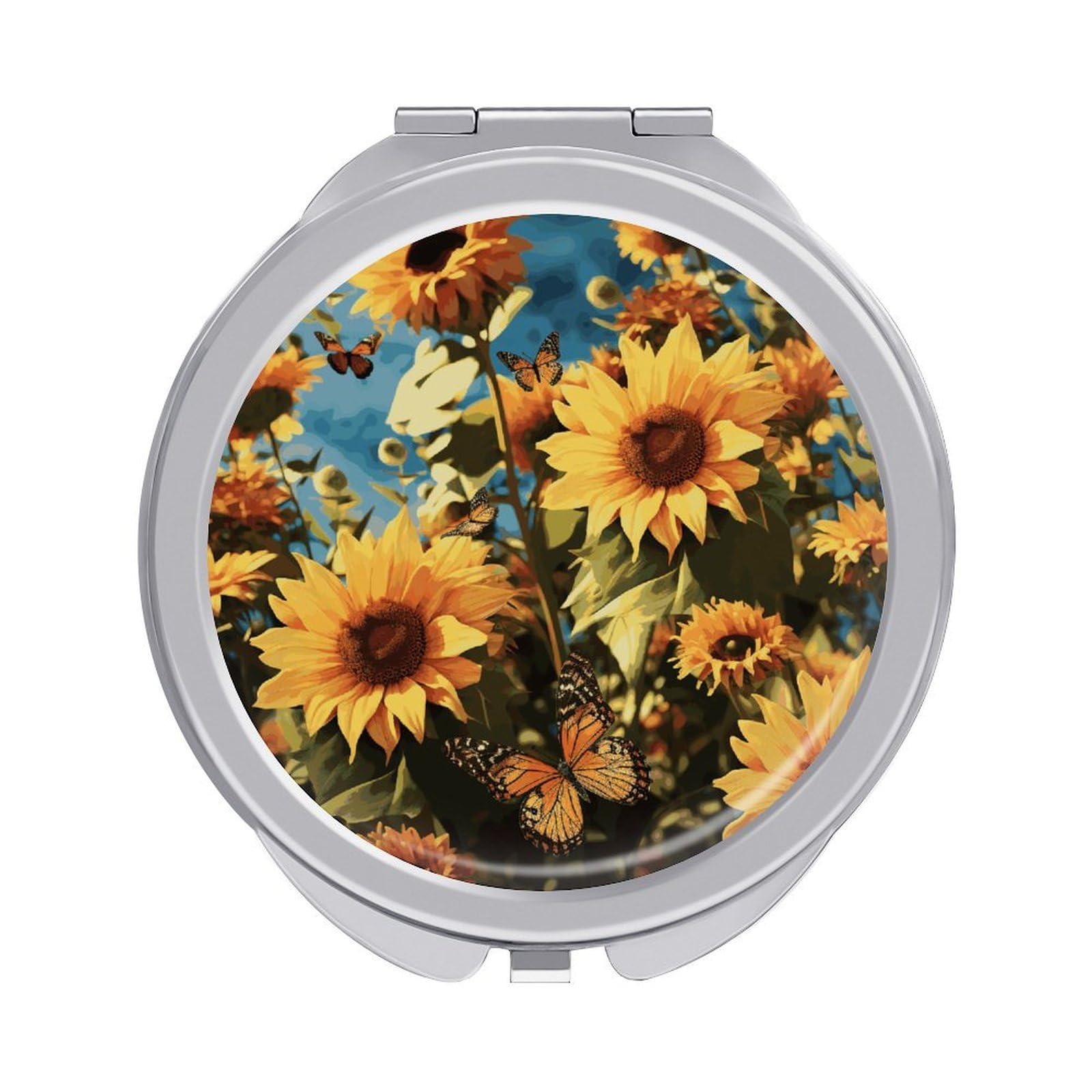 FekiLoot Sunflowers and Butterflies Makeup Mirror Compact Round Travel Makeup Mirror Portable Folding Handheld Pocket Mirrors for Handbag and Purses Gift Mini Mirrors
