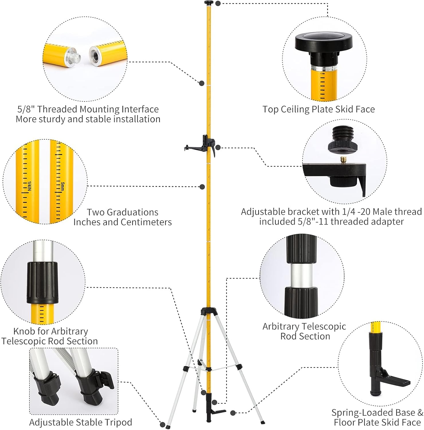 Laser Level Pole with Adjustable Mount 1/4-Inch by 20-Inch, 12 FT/3.7M Adjustable Telescoping Laser Pole with 5/8''-11 Thread Adapter for Rotary and Line Lasers (Without Tripod)