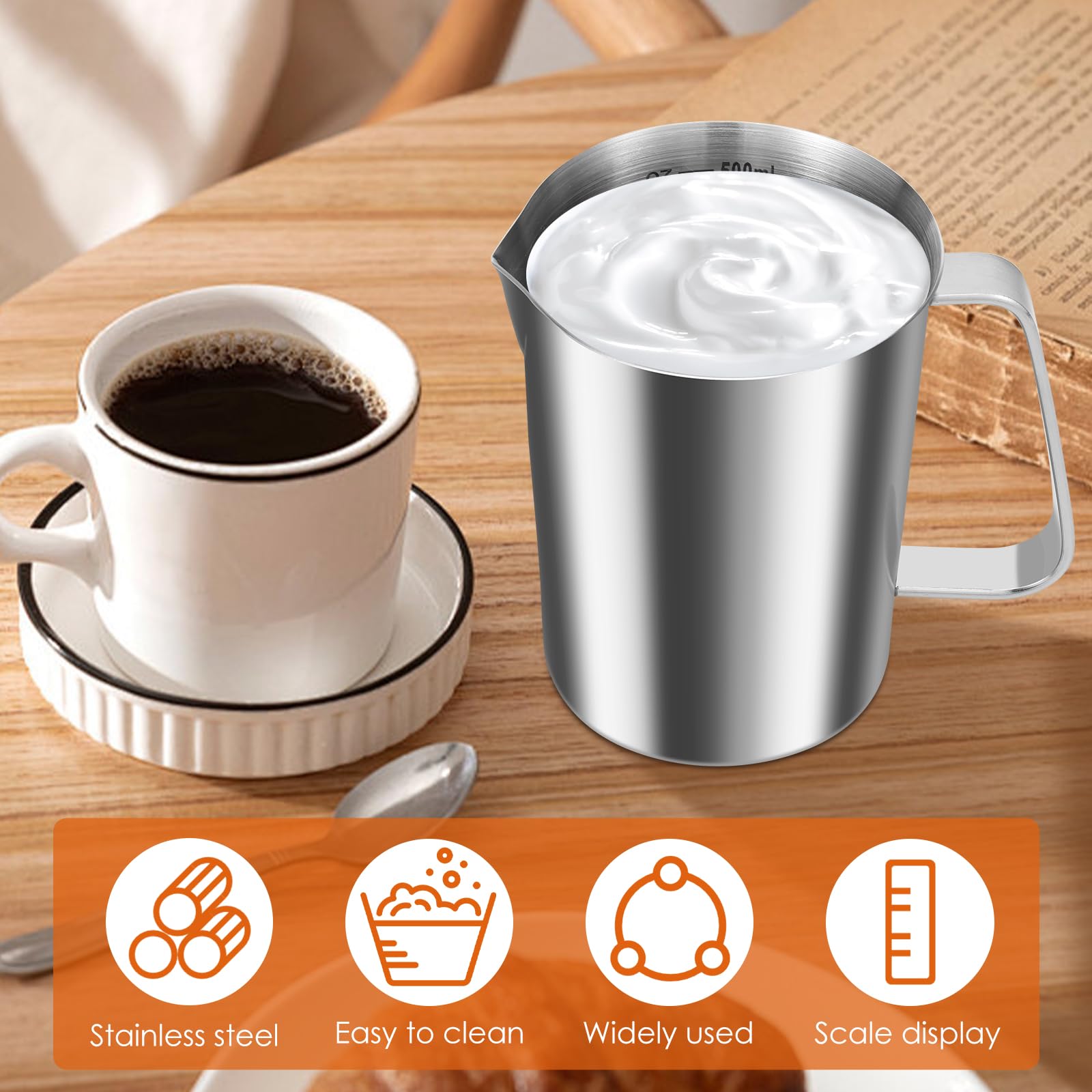 Stainless Steel Milk Jug 500ml Milk Frother Cup with Clear Marking Rust Proof Large Mouth Metal Graduated Beaker with Handle Coffee Cappuccino Latte Art Barista Steam Pitchers for Coffee Lovers - Image 4
