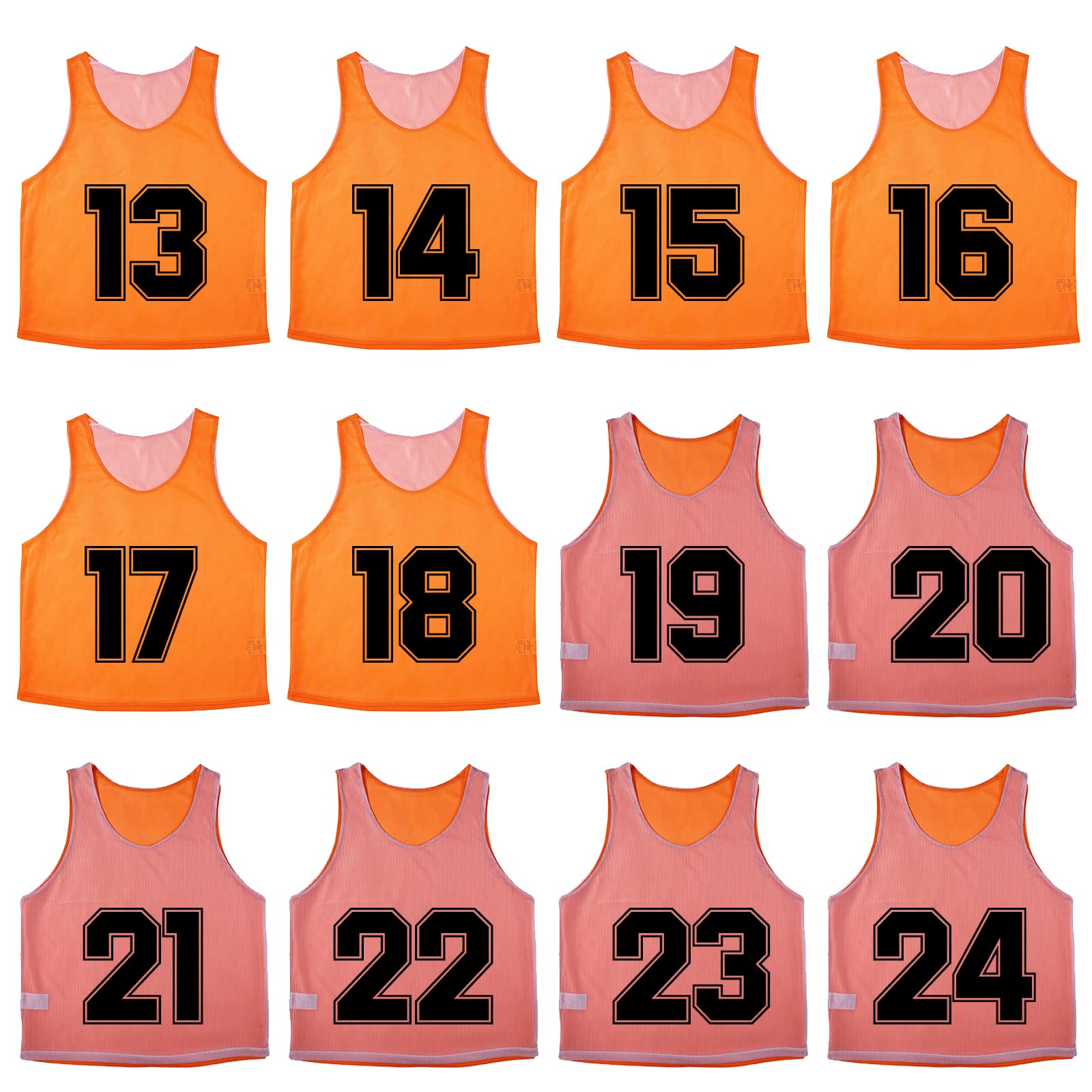 TopTie 12er-Set (#1-12, 13-24) nummeriertes Tanktop, wendbare Pinnies, Trainingswesten, Fußball-Sport-Lätzchen, Fußballtrikot für Erwachsene, Jugendliche, Orange/Weiß, Nr. 13 bis 24