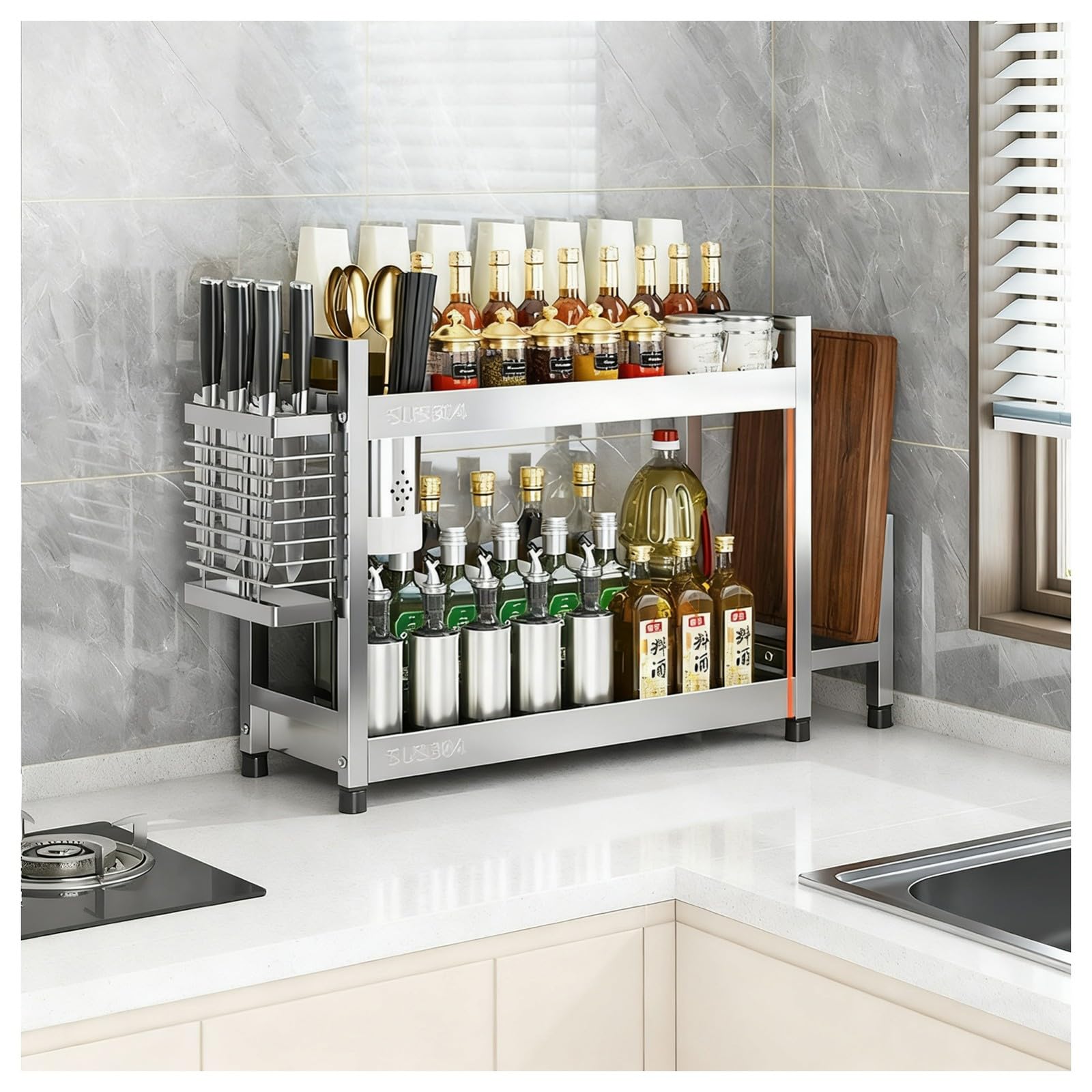 TIANQIHAO Stainless Steel Spice Rack Nizer For Kitchen Worktop, Space-Saving Design With Cutlery Holder And Cutting Board Shelf,2 Tier-40cm/15.7