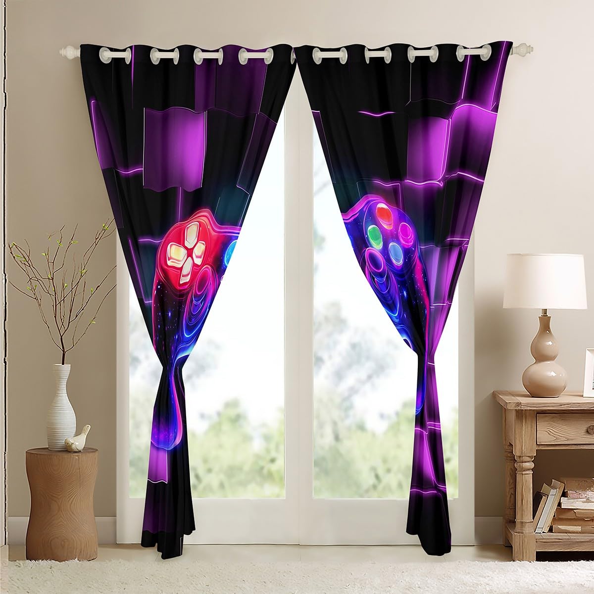 Homewish Rideau Gamer Violet, Rideaux Voilage Enfant Gaming Deco Chambre Ado Garcon, Rideau Occultant 30%-50% Jeux Vidéo, Voilage Fenetre Carrée Géométrique Lumineuse Au Néon, 117x183 cm Lot de 2