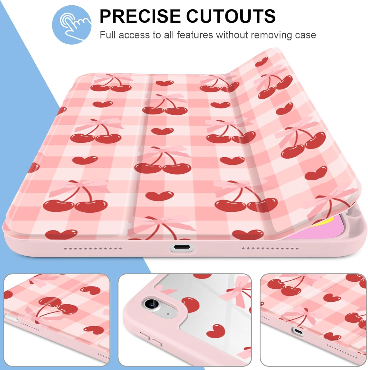 MecBevia Case for iPad 11 inch A16 (2025 11th Generation) / iPad 10.9 inch (2022 10th Gen) A3354, A3355, A3356, A2696, A2757, A2777 – Built-in Pencil Holder & Auto Wake/Sleep, Pink Cherry Check