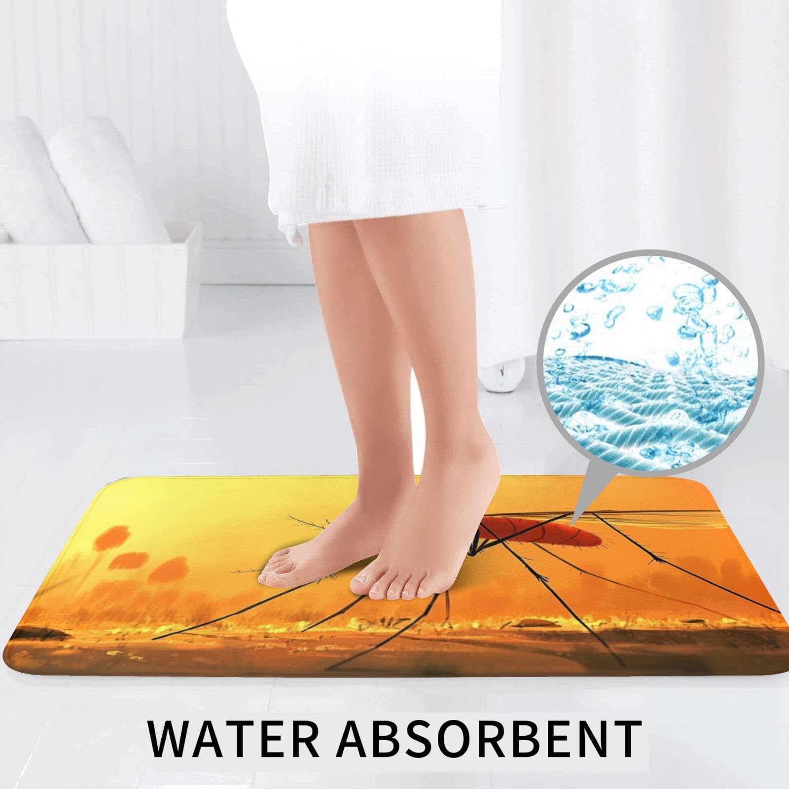 Lot de 3 tapis de bain en mousse à mémoire de forme doux et absorbants en forme de U avec motif de moustique orange, séchage rapide