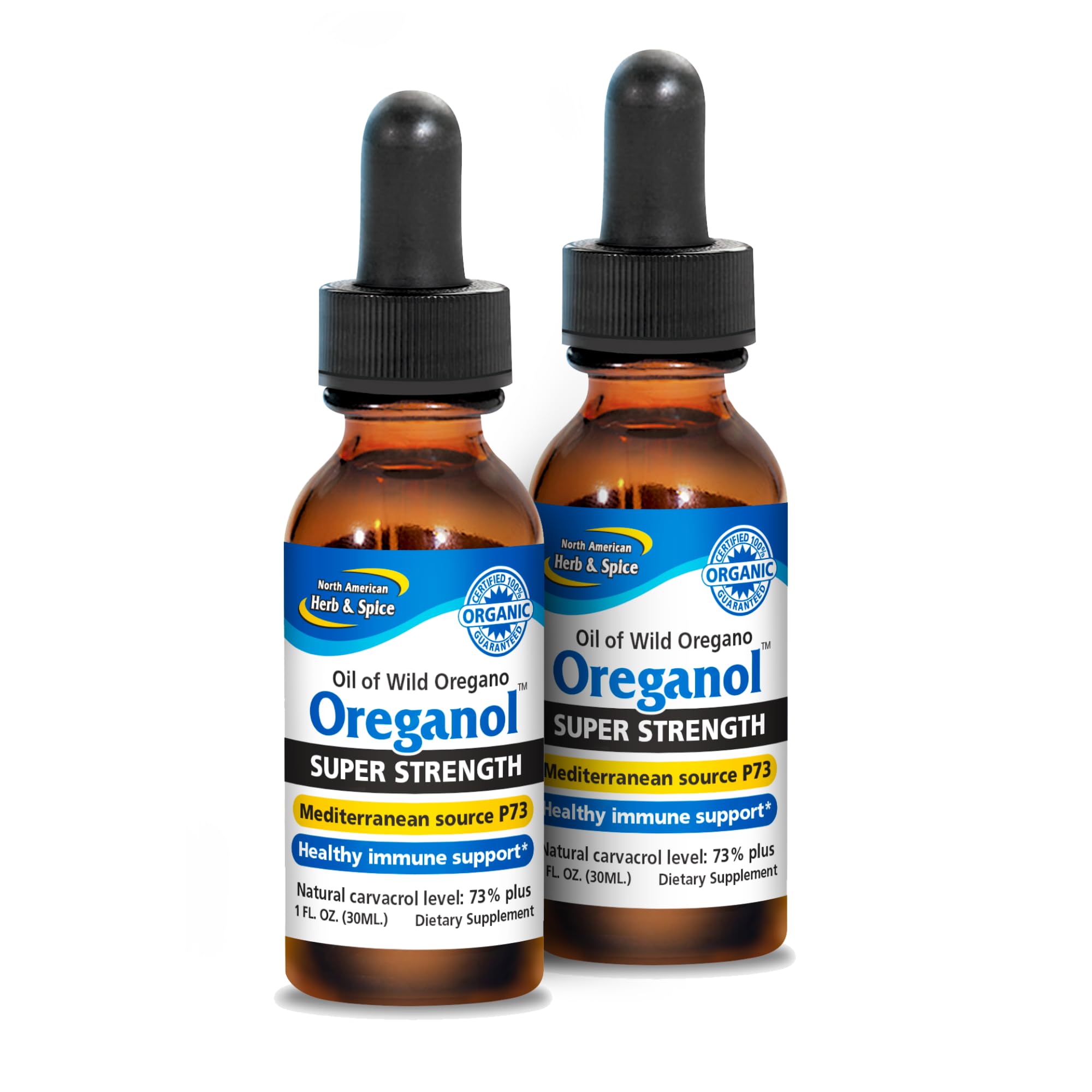 NORTH AMERICAN HERB & SPICE Super Strength Oreganol - 1 fl oz, Pack of 2 - Unprocessed, Wild, Organic Oregano Oil - Mediterranean Source P73 - Non-GMO - 864 Total Servings