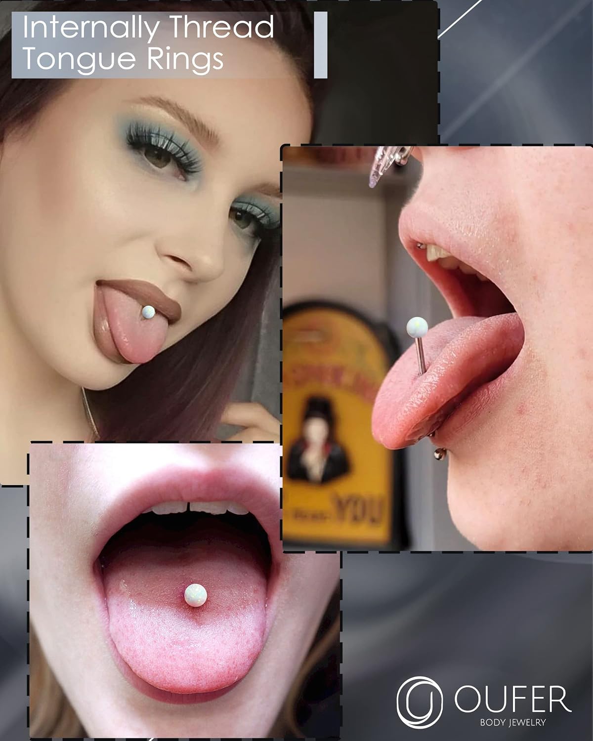 OUFER Titanium Tongue Rings - White Opal Tongue Jewelry, Internally Threaded, Straight Barbell for Women & Men