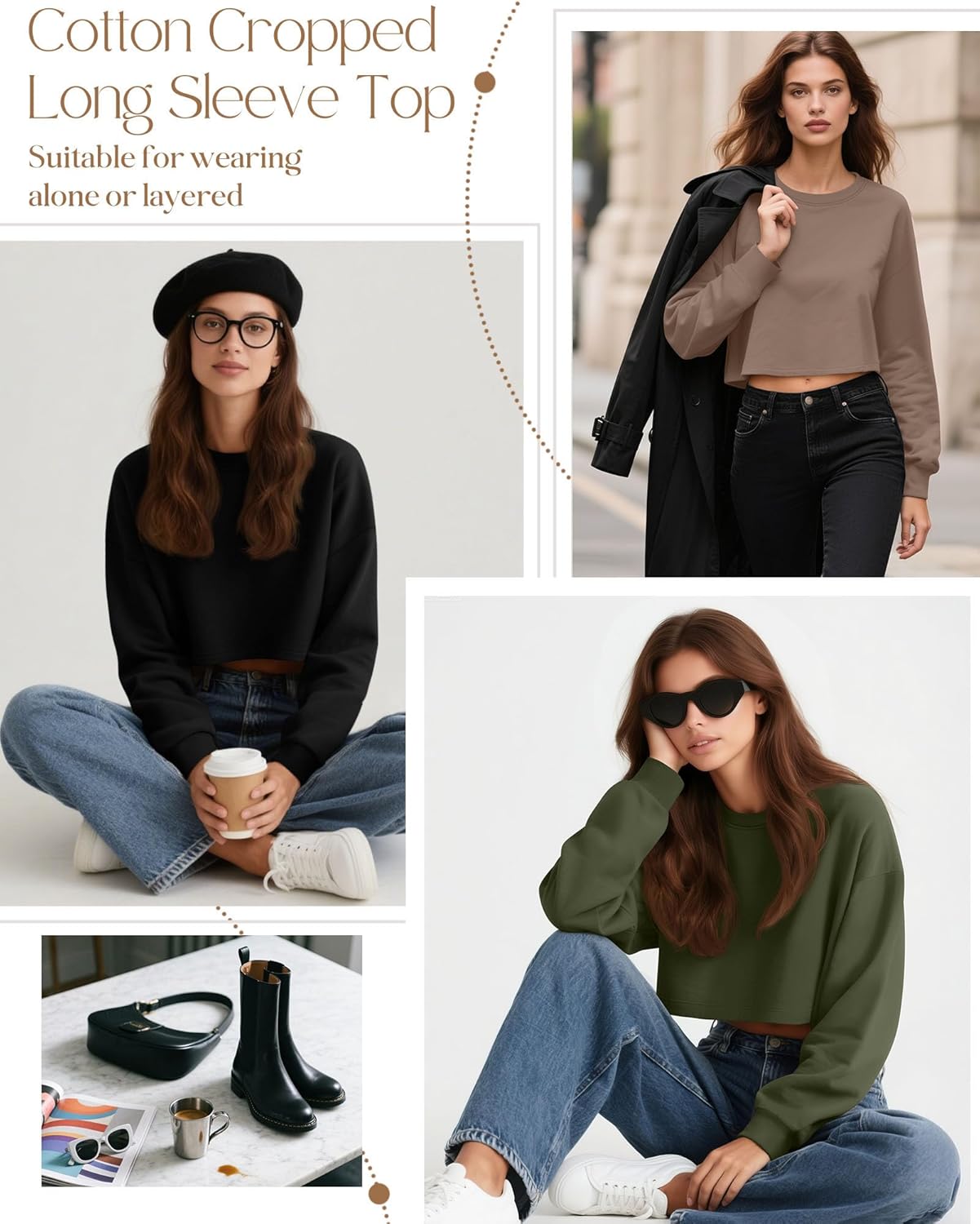 Ficerd 3 Pack Cotton Cropped Long Sleeve Tops for Women Loose Fit Crew Neck Drop Shoulder Crop T Shirts Basic Tee - Image 4