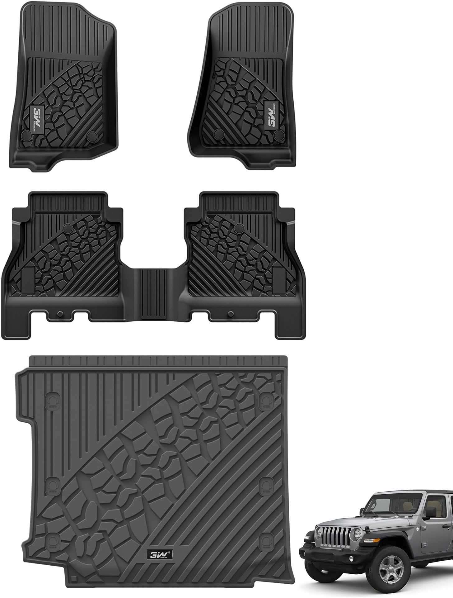 3W Floor Mats&Cargo Liner Compatible for Jeep Wrangler JL 2018-2025 2026 Unlimited 4-Door with Subwoofer (Non JK or 4XE) All-Weather TPE Floor Liner for 1st, 2nd Row and Trunk Full Set Car Mats,Black