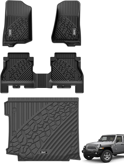 3W Tapis de sol et liner de cargo pour Jeep Wrangler JL 2018-2025 2026 Illimité 4 Porte avec subwoofer (Non JK ou 4XE) Tous les temps TPE Linge de sol pour 1st 2nd Ligne & Tapis de coffre Ensemble complet Tapis de voiture Noir