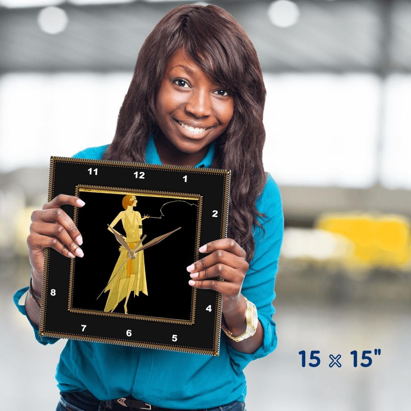 3dRose LLC DPP_39590_3 Wall Clock, 15 by 15-Inch, Art Deco Lady on Black with Gold Frame image 4