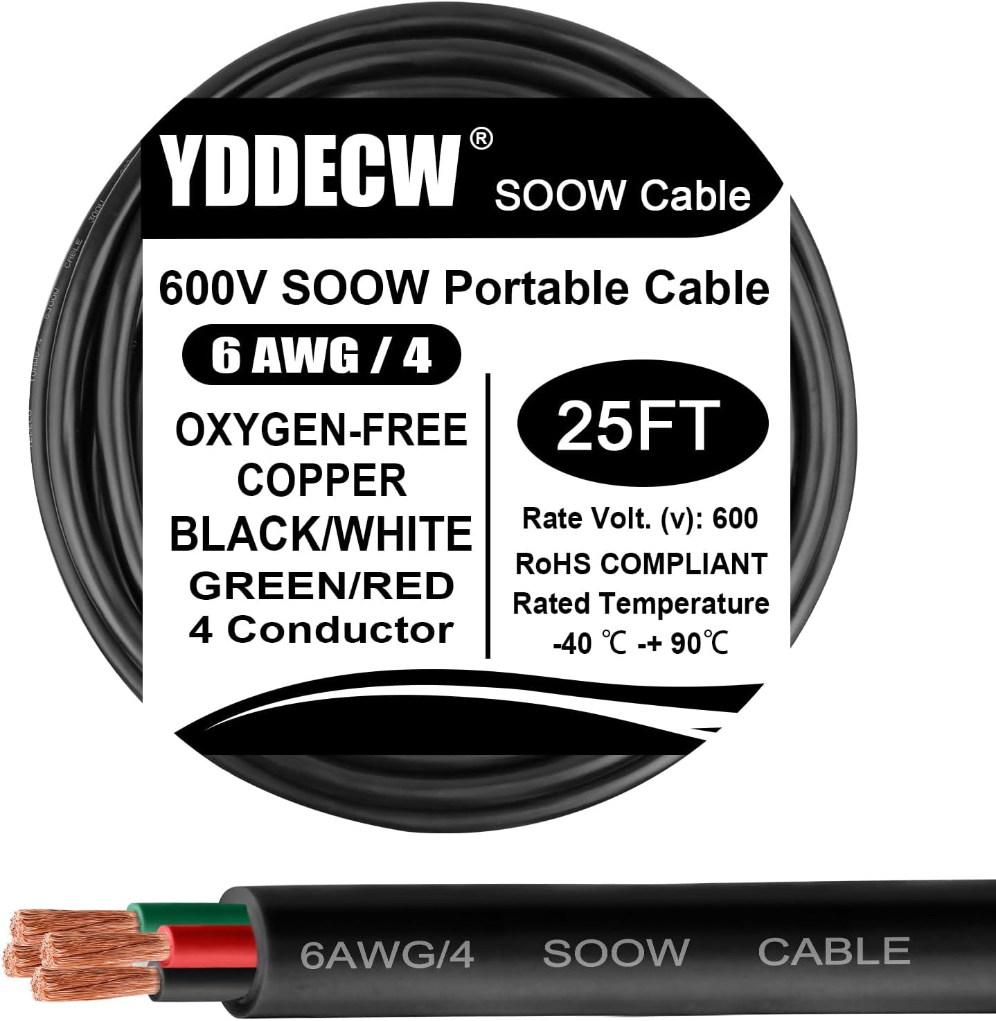 25ft 6/4 6 AWG Portable Power Cable (4 Conductor) - SOOW 600V 6 Gauge Electric Wire for Motor Leads, Portable Lights, Battery Chargers and Machinery - 4 Conductor - 25 Feet Electrical Cord