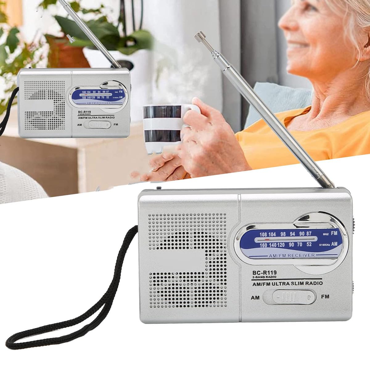 Namvo Am Fm radio zasilane bateriami wielofunkcyjne srebrno-szare przenośne mini radio nadaje się do podróży, wędrówek i jazdy na rowerze (Bez baterii)
