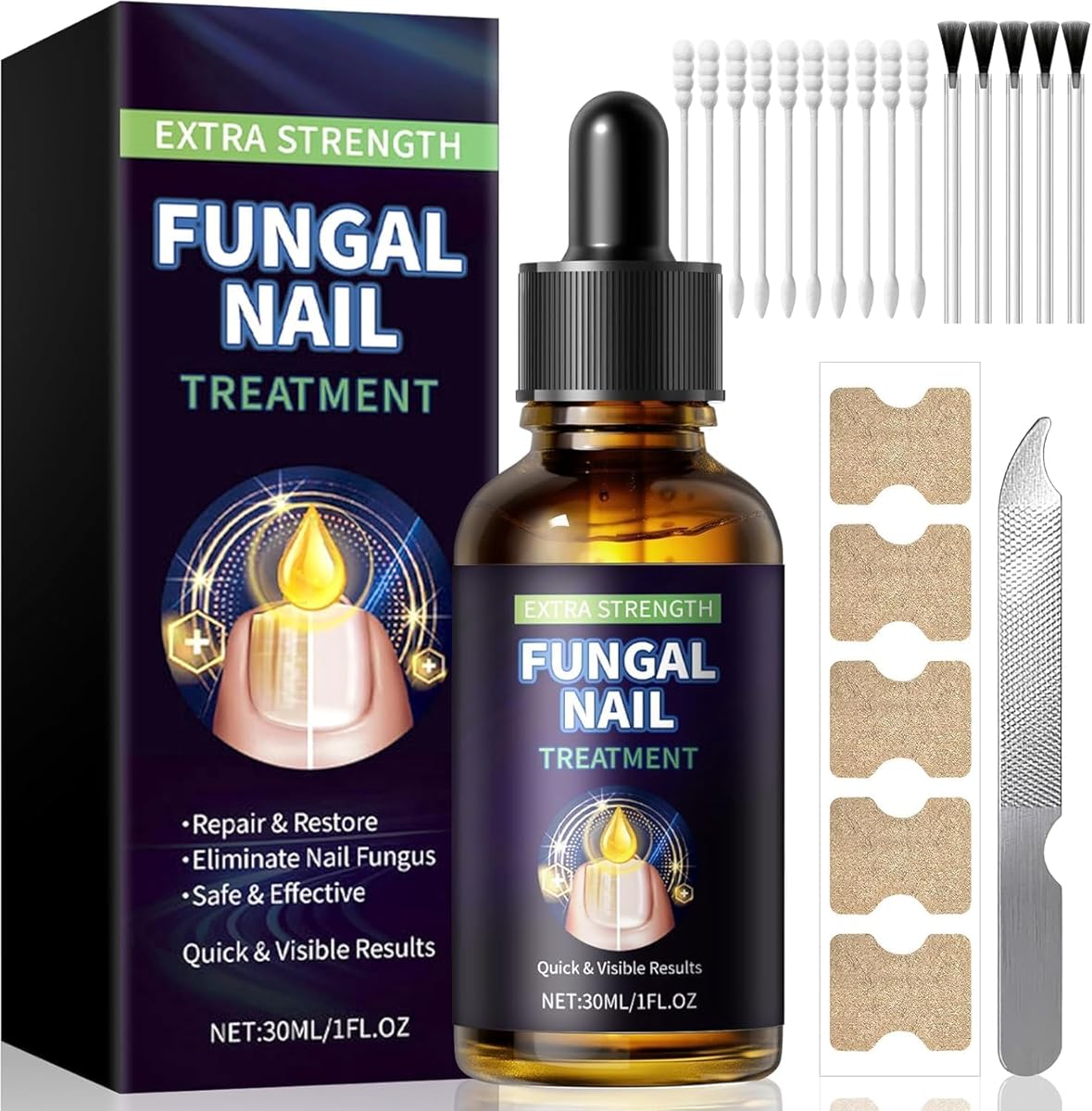 Fungal Nail Treatment Extra Strong,Nail Fungus Treatment for Toenail Toenail Fungus Treatment Nail Repair Growth Treatment for Thick,Discolored,Brittle Nails Includes Swabs,Brush,File(30ML)