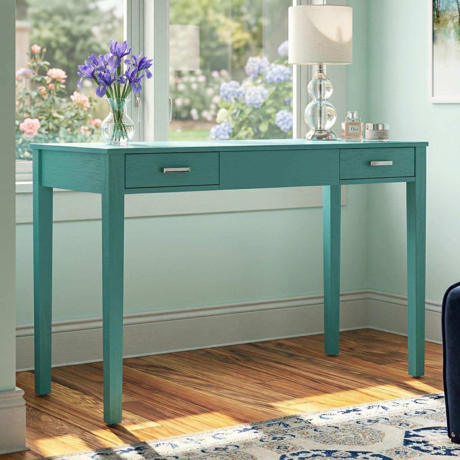 Hives and Honey Parsons Vanity Desk, Lift-Top Mirror, Storage, USB & Power Outlet, 2 Drawers, Smooth Glide, Modern Wood Grain Design, Brushed Chrome Hardware, Makeup & Dressing Table, Turquoise