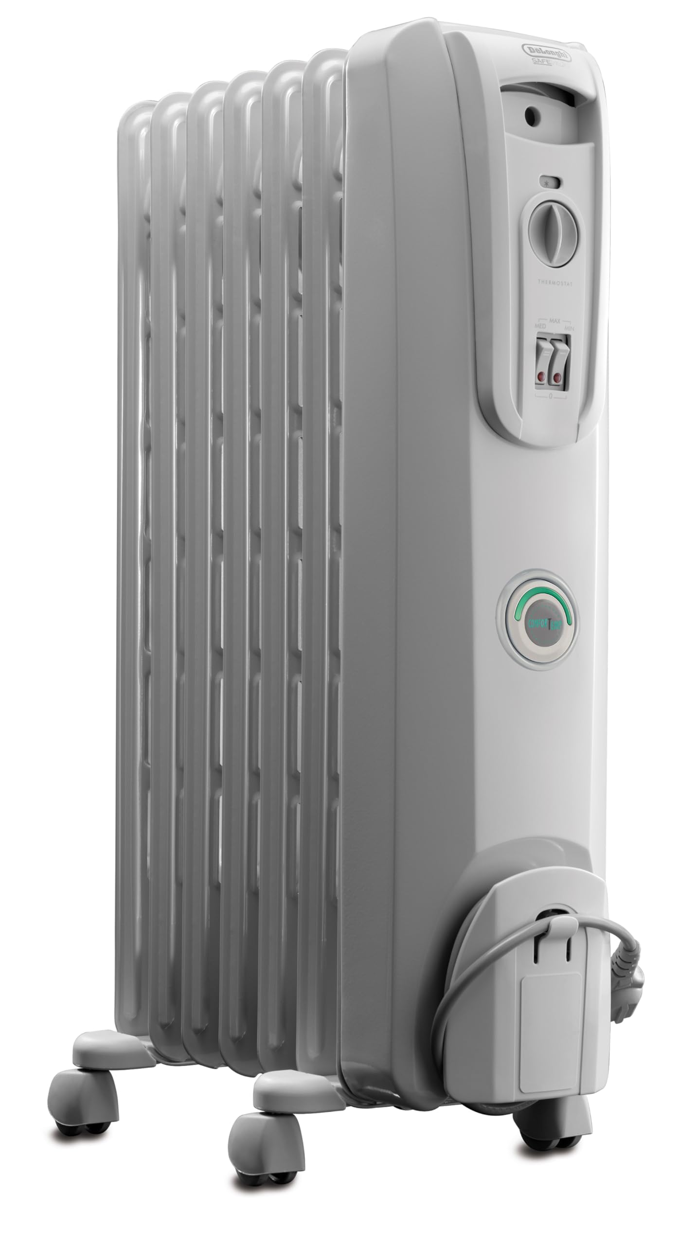 DELONGHI Quiet 1500W, Adjustable Thermostat, 3 Heat Settings, Energy Saving, Safety Features Oil-Filled Radiator Space Heater (Light Gray, Comfort Temp)