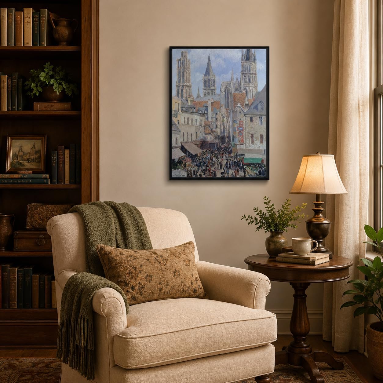 Pissarro Rouen Cathedral Floating Framed Canvas Wall Art French Market Painting Prints Posters Impressionist Wall Decor Cityscape Artwork for Living Room Bedroom Office Gallery Home Gift 12x16 Inches