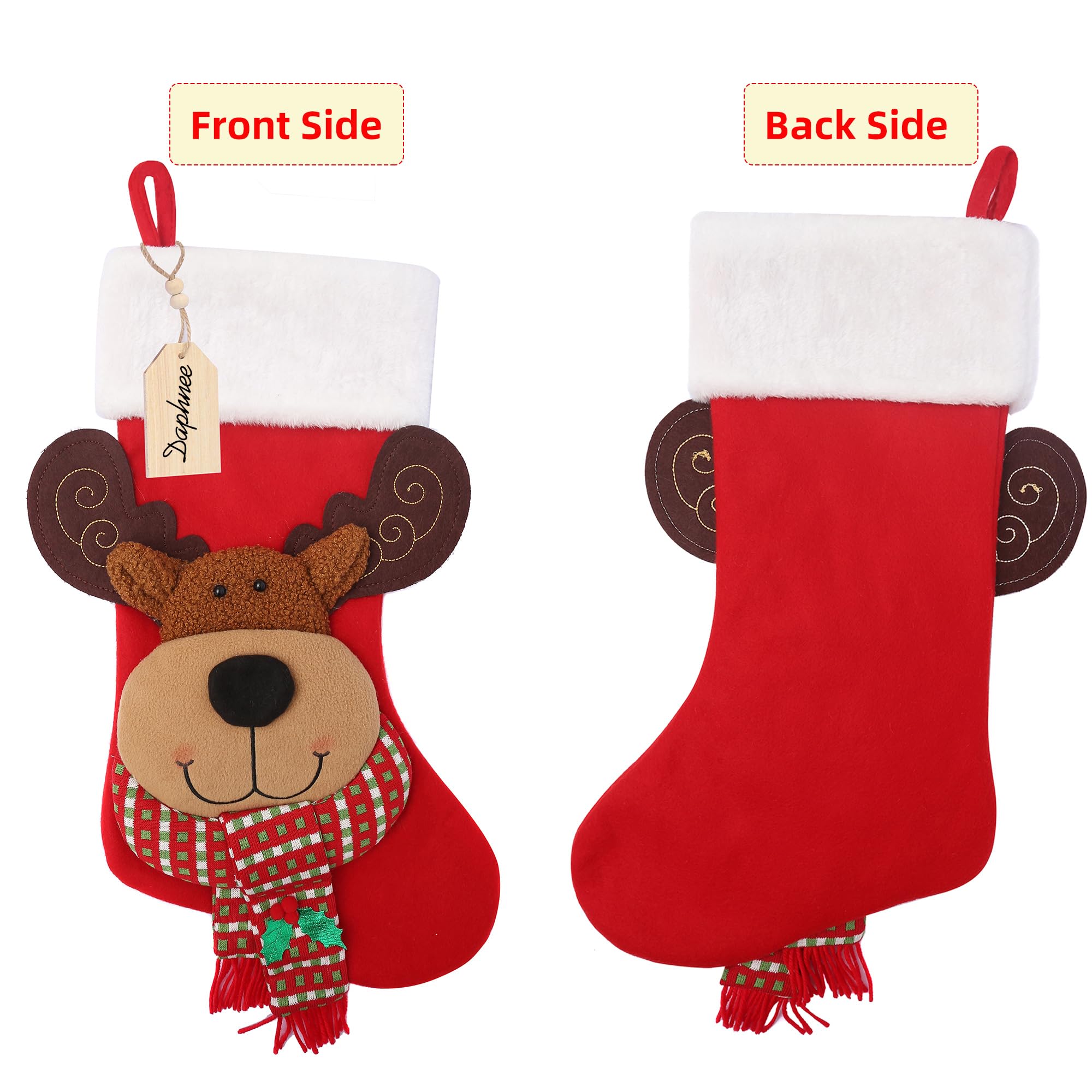Christmas Stocking,21 inch Christmas Stockings with Wood Name Tag,3D Reindeer Christmas Stocking,for Family Holidays and Christmas Tree Fireplace Decoration(Red)