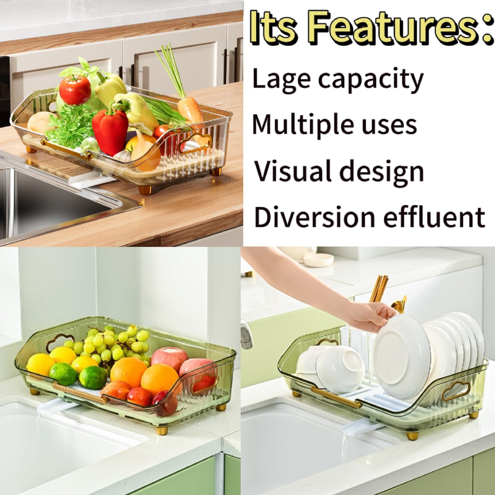 Escurreplatos para fregadero, escurridor de cocina de plástico, colador de platos que ahorra espacio con asas redondeadas, soporte desmontable para palillos, 17 pulgadas de largo x 11 pulgadas de