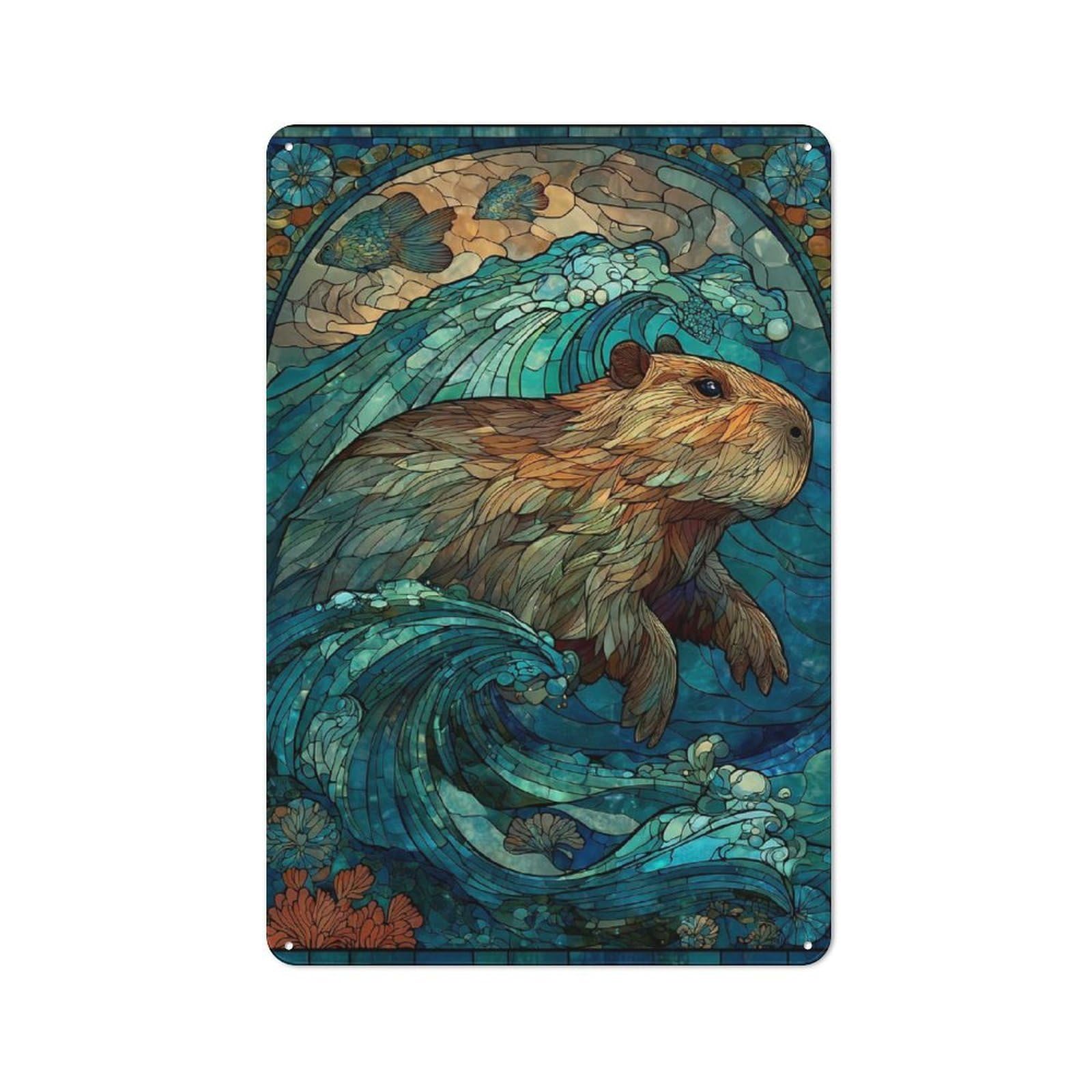 Junmoney Stained Glass Capybara Waves Metal Wall Sign 30X20cm Featuring For Workshop Wall, For Makers And Diy Enthusiasts
