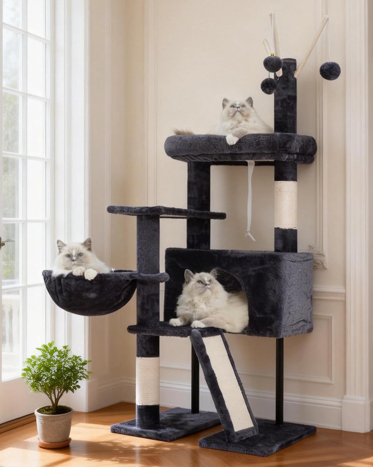 Gitelnour Cat Tree for Small Cats & Kittens - Tower with Scratching Post, Removable Platform, Hanging Basket & Toys, Smoky Gray GCT006SG