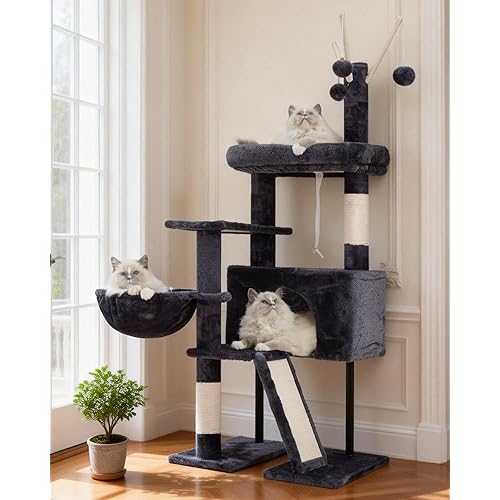 Cat Tree for Indoor Cats, Cat Tower with Scratching Post for Small Cats and Kittens, Cat House with Removable Top Platform and Fluffy Balls, Hanging Cat Basket, Smoky Gray GCT006SG