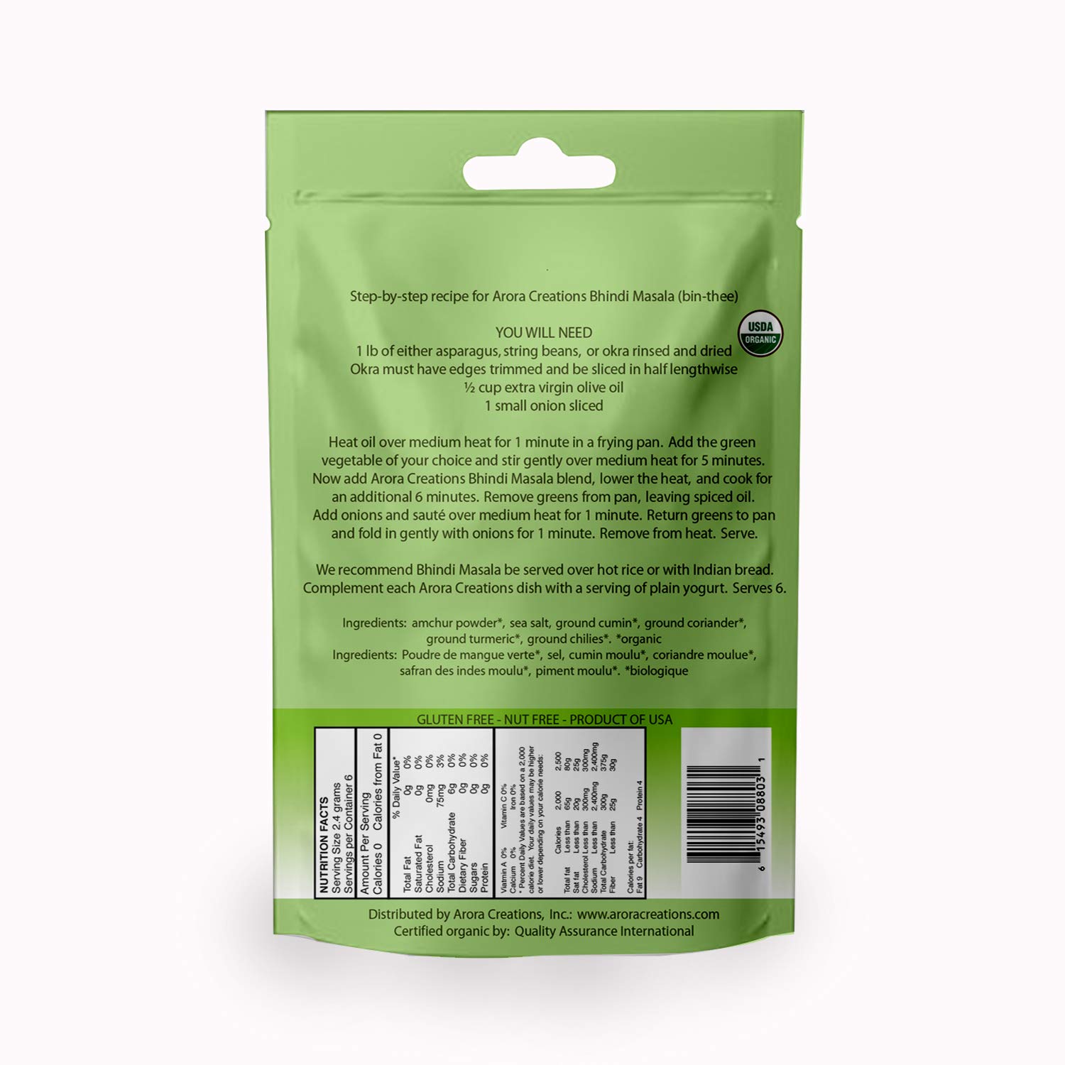 Vegan Organic Bhindi Masala Green Veggie Indian Spice Blend - Arora Creations 0.5oz (6-Pack) | Gluten Free, Non-GMO, Low Sodium | Easy to Cook Indian At Home!
