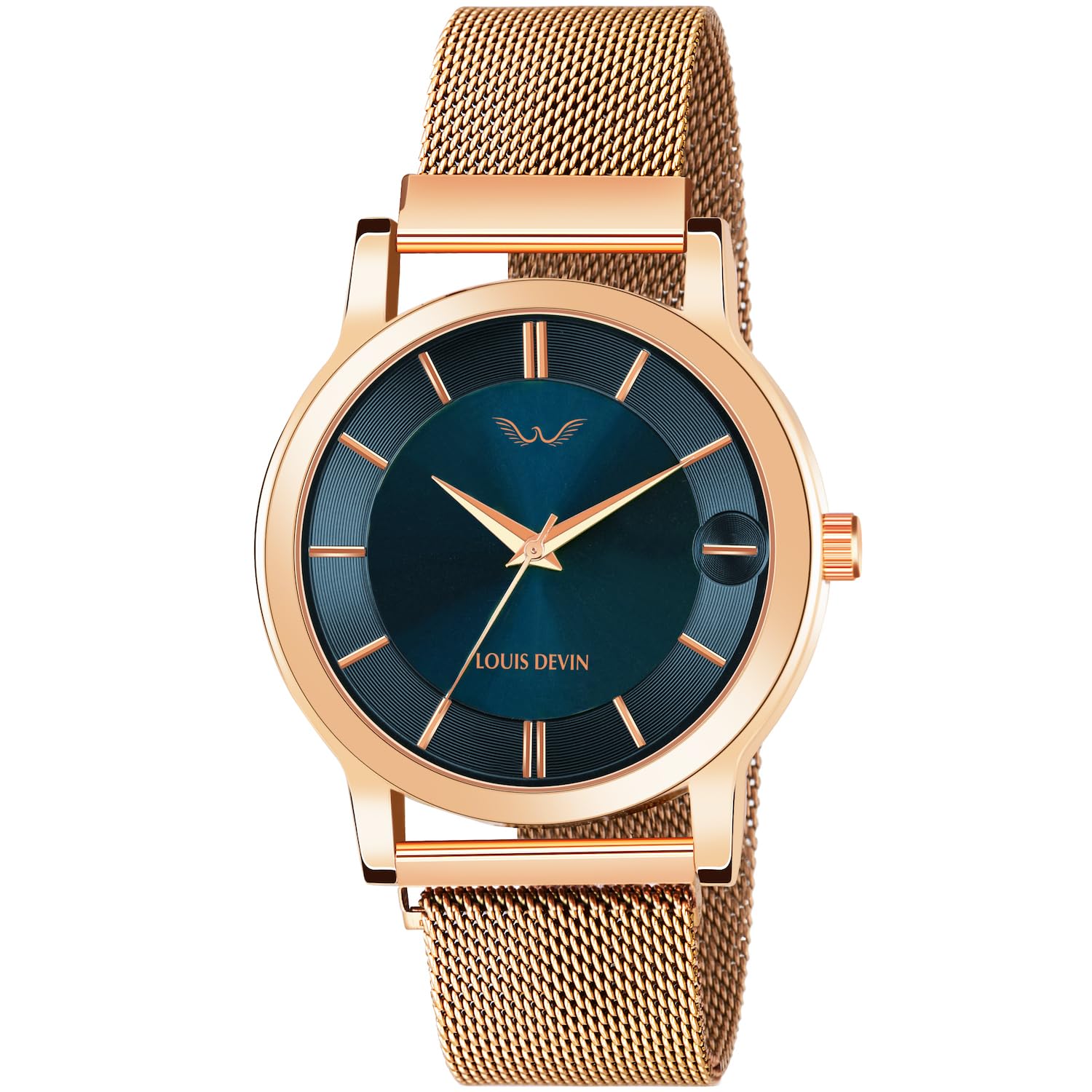 LOUIS DEVIN Rose Gold IP Plated Mesh Chain Analog Wrist Watch for Men (Blue Dial) | LD-RG067-BLU-CH (B0D7QFW1K6) Amazon Price History, Amazon Price Tracker