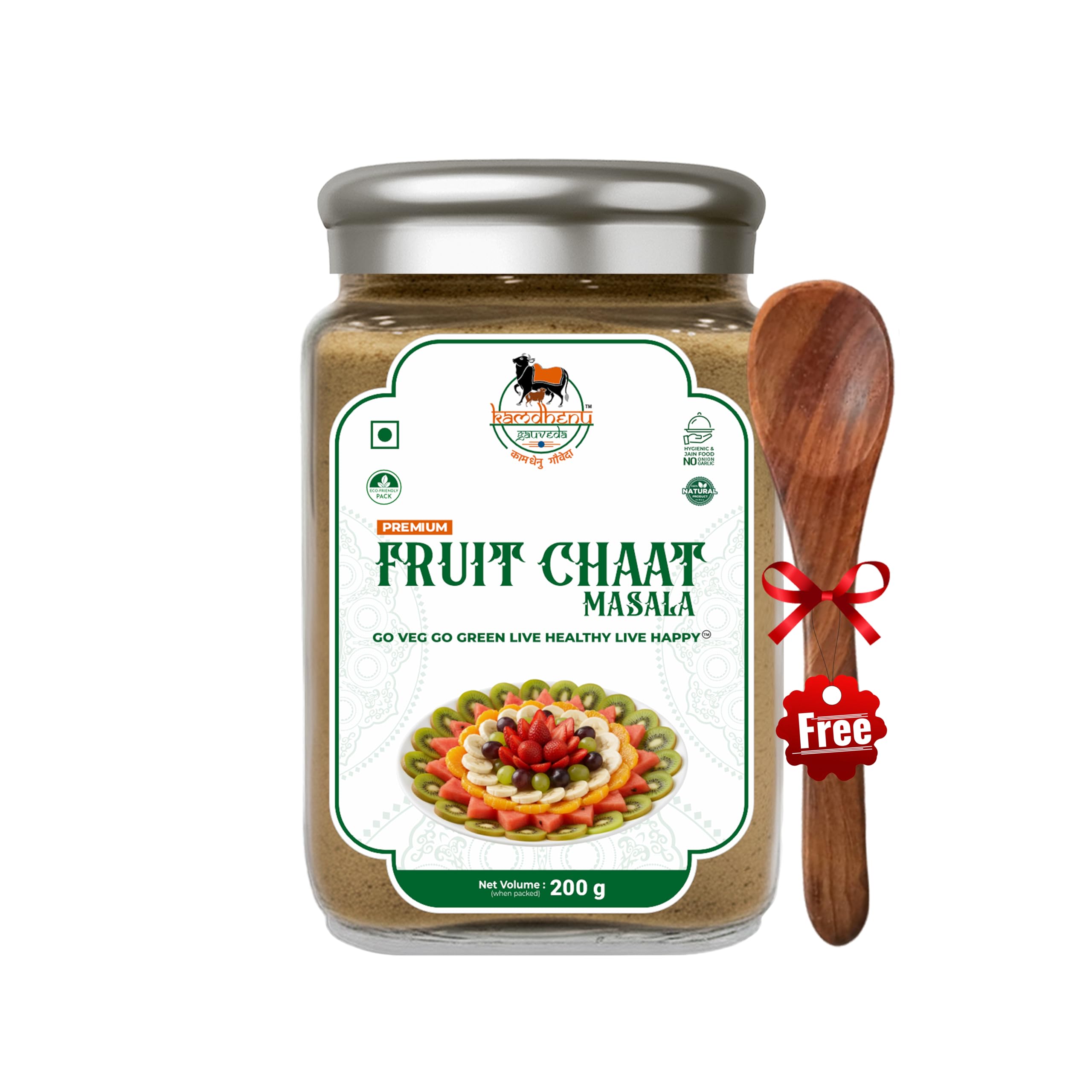 Kamdhenu Gauveda Fruit Masala 200g – Natural Tangy Fruit & Chaat Seasoning | Made with Coriander, Roasted Cumin, Pudina & Black Pepper | No Preservatives | No Artificial Colours | FSSAI Certified | Packed in Eco-Friendly Glass Bottle
