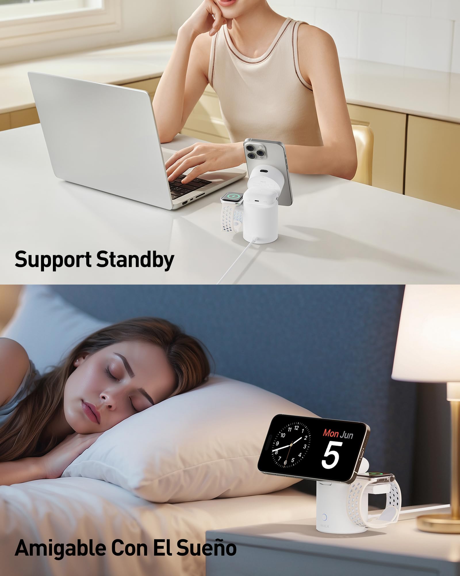 iWALK 3 En 1 Soporte De Carga Inalámbrica con Rotación Automática, Estación De Carga con Imán, 15W Estación De Carga Inalámbrica Plegable para iPhone 17 16 15 14 13 12 & Apple Watch & Airpods
