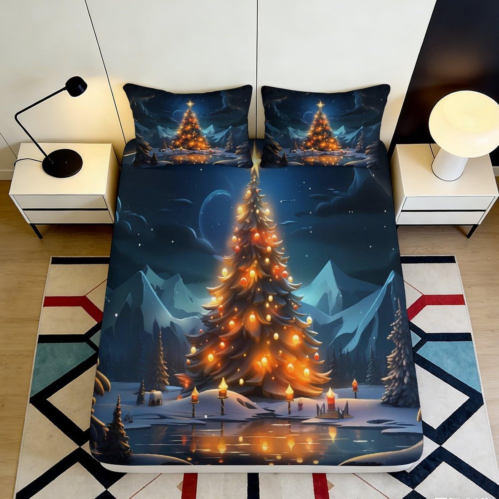 Dhbaneiok Style-2 3D Printed Christmas Tree Fitted Sheet Microfiber Soft Bedroom Decor Winter Night Bed Cover For Home Guest Room 90X200x25cm