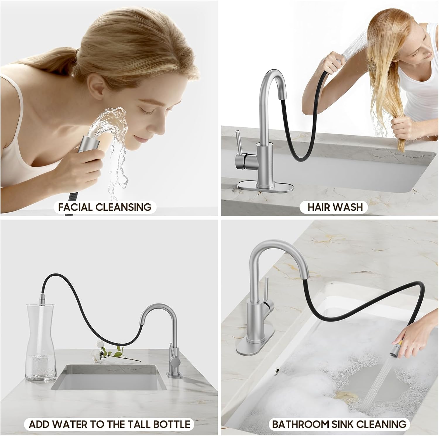 Phiestina High Arc Pull Out Sprayer Bathroom Faucet,Brushed Nickel Single Handle Pull Down Faucet with Pop-Up Drain,1 or 3 Hole 2 Model RV Bar Laundry Utility Sink Faucet with Deck Plate, WE08CL-ZY-BN