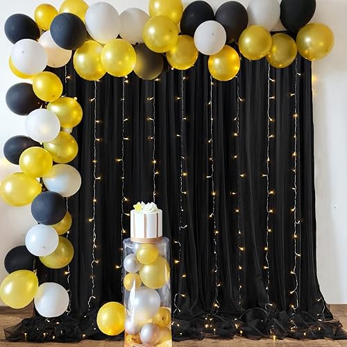Miniatura 6 de Paneles de cortina de tul negro de 30 x 10 pies, doble capa sin arrugas, cortinas de tul negro para bodas, fiestas de Halloween, cumpleaños,