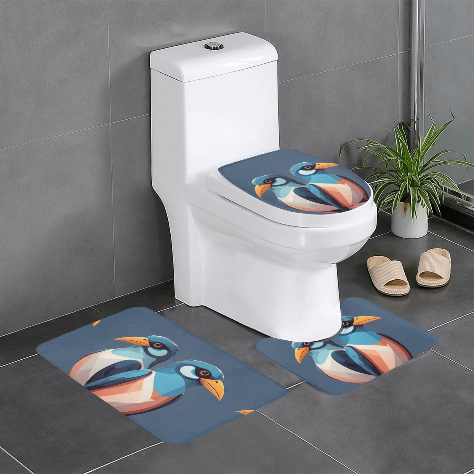 Tapis de salle de bain antidérapants lot de 3 avec motif oiseaux pour toilettes et coiffeuse