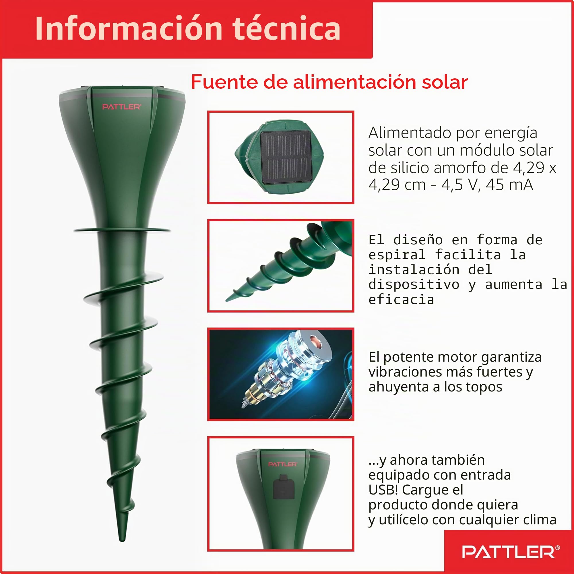 PATTLER® Juego de 2 distribuidores de Topos – Eficaz ahuyentar Topos en Aproximadamente 800 m² – Uso Flexible Gracias al módulo Solar – Innovador diseño de Tornillo Aumenta la eficacia