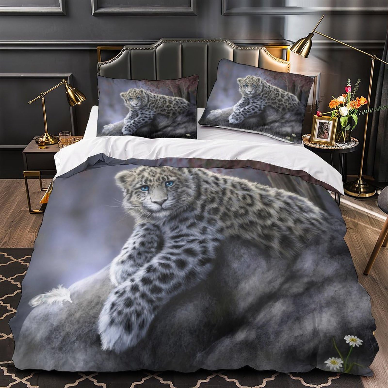 Housse de couette léopard des neiges 140x200 microfiche avec taies