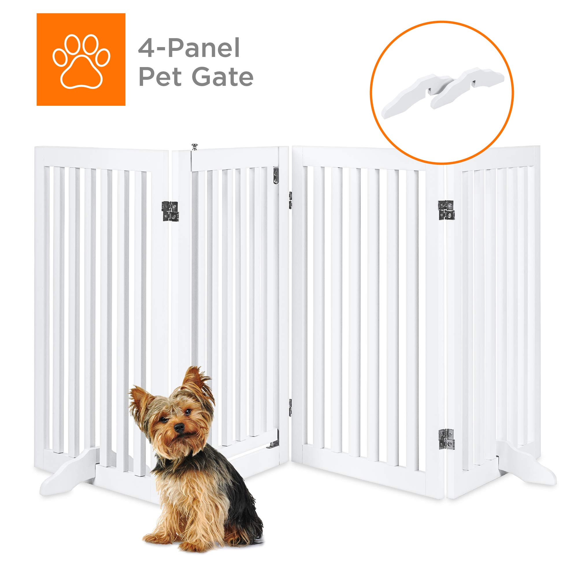 Best Choice Products 31.5in 4-Panel Freestanding Wooden Pet Gate w/Walk Through Door, Adjustable Pen, Support Feet - White
